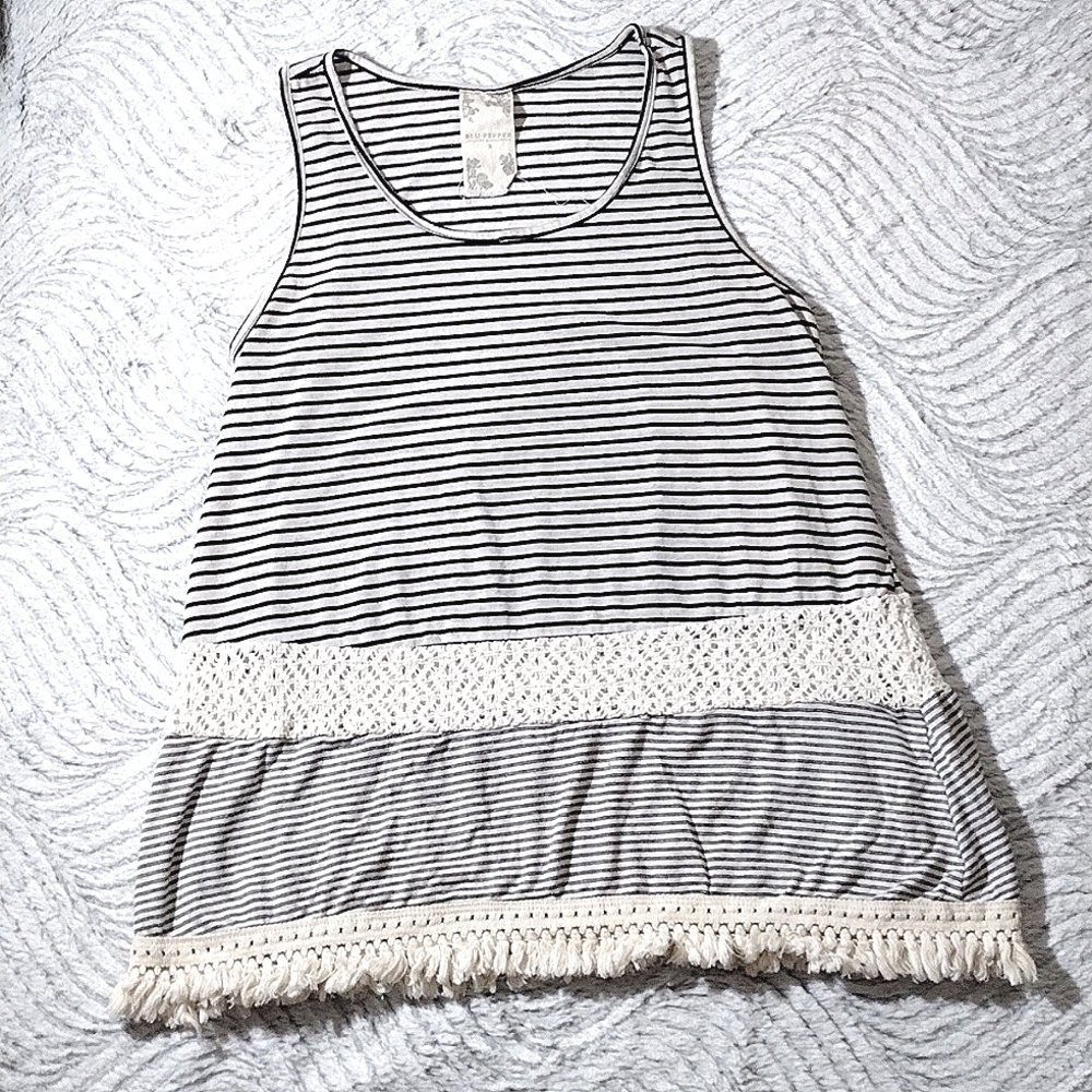 BLU•PEPPER black and cream striped with crocheted Fringe